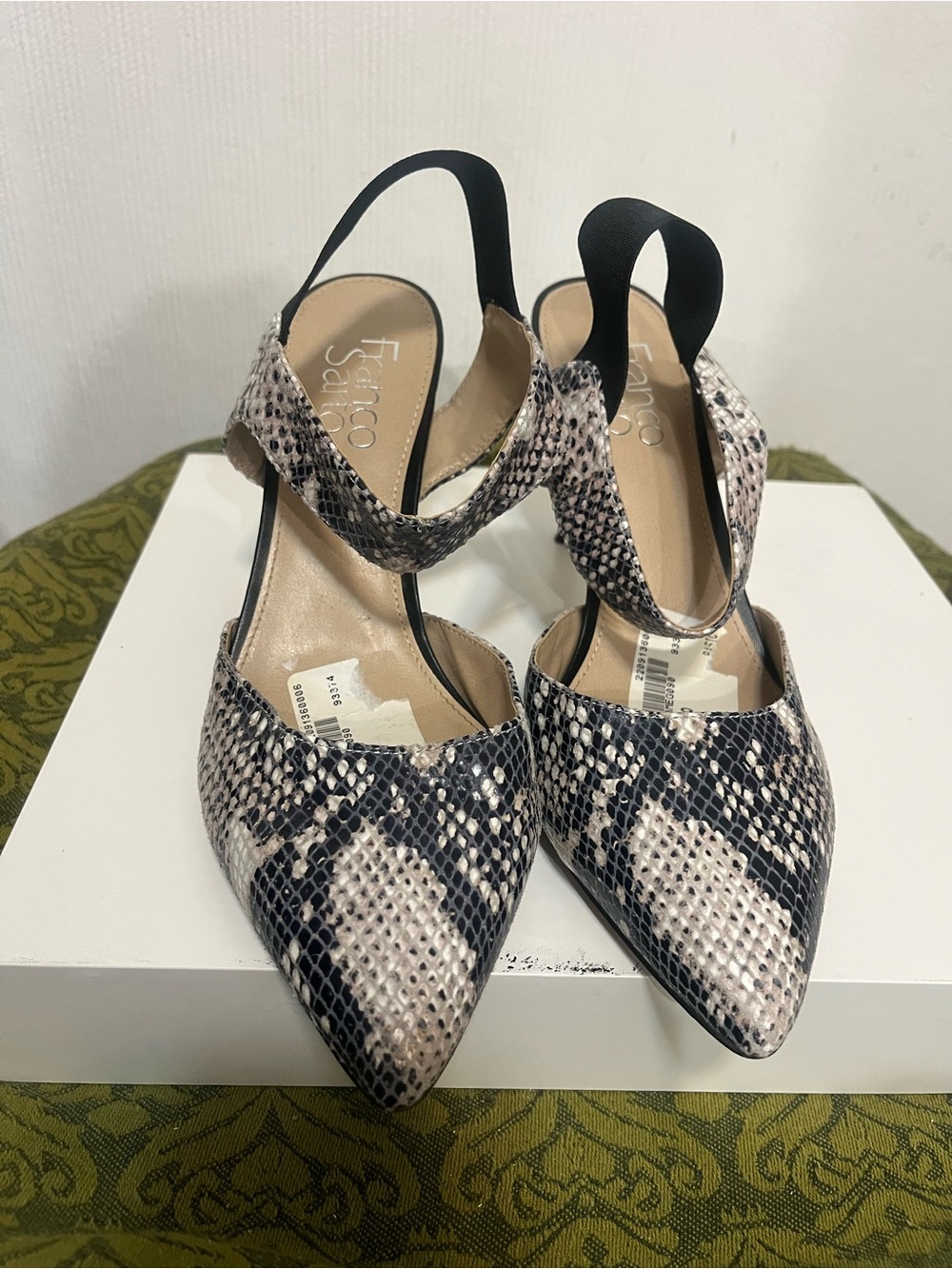 Franco Sarto Pointed Snake-Print Slingback Pumps in Beige and Black